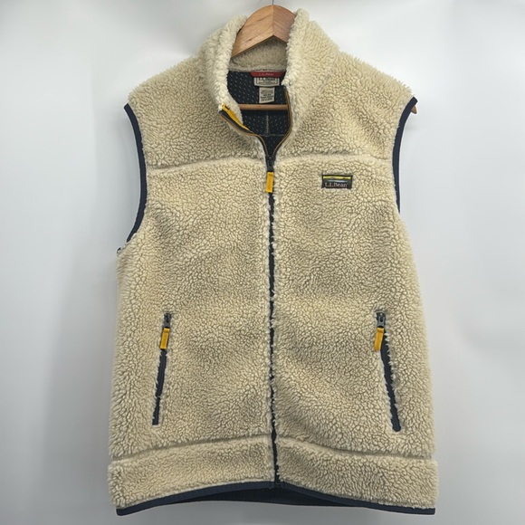 LL Bean Sherpa Vest Ivory Cream Mountain Pile Full Zip Men’s Medium Excellent! - Picture 1 of 7